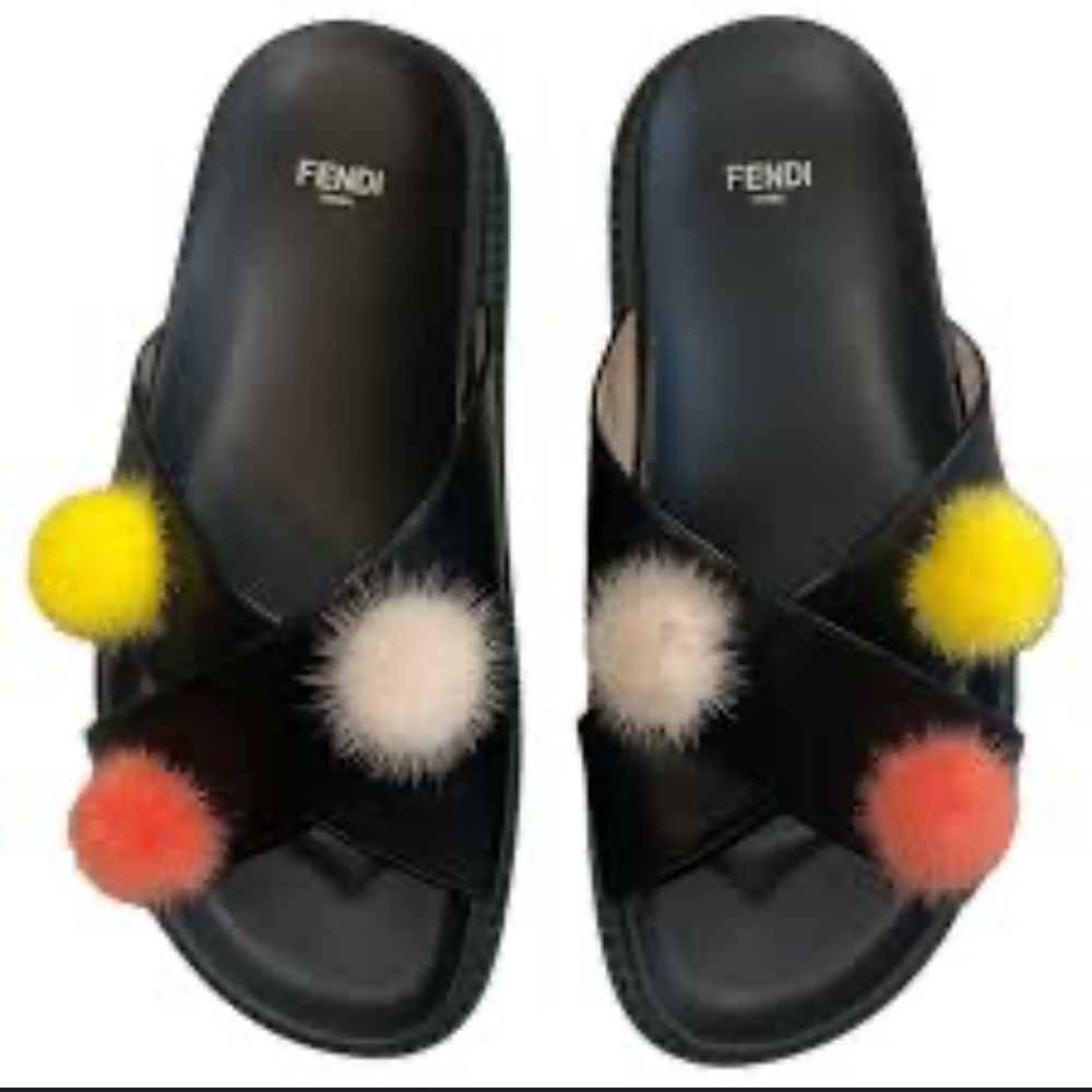 Fendi Black Sandals with Vibrant Pom Poms 38 - Picture 3 of 6